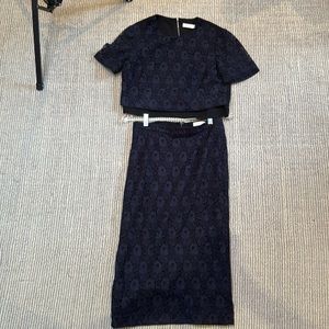 ALC A.L.C. midnight Blue Lace Flower Skirt Blouse Set sz 8 silk lined